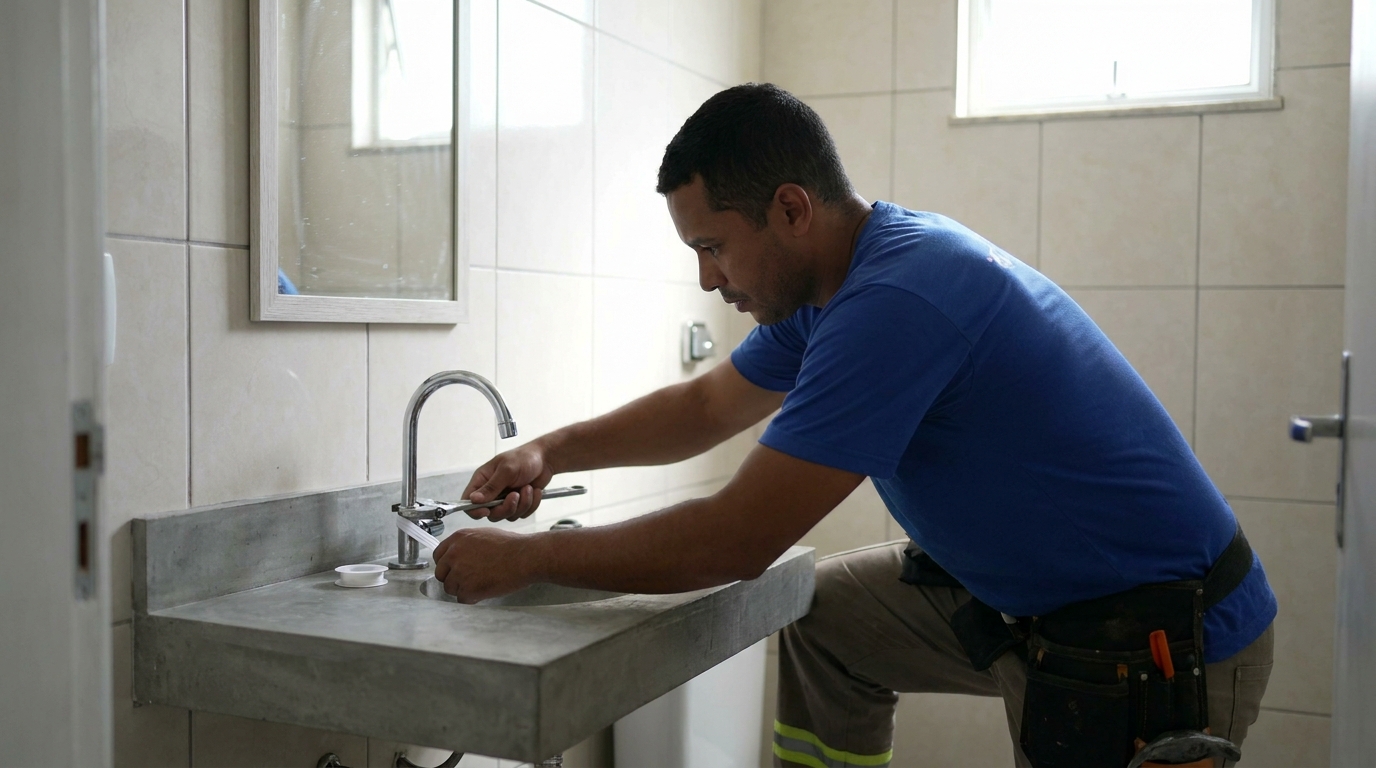 Encanador instalando torneira em São José dos Pinhais‑PR